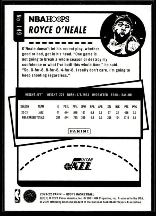 _10 2021 Hoops Utah Jazz #149 Royce O'Neale