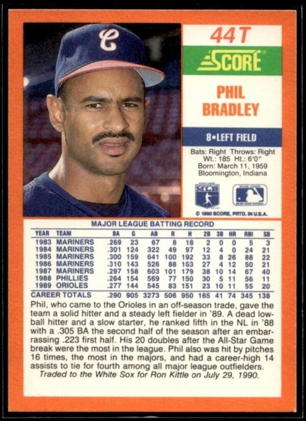 _10 1990 Score Rookie & Traded Chicago White Sox #44T Phil Bradley