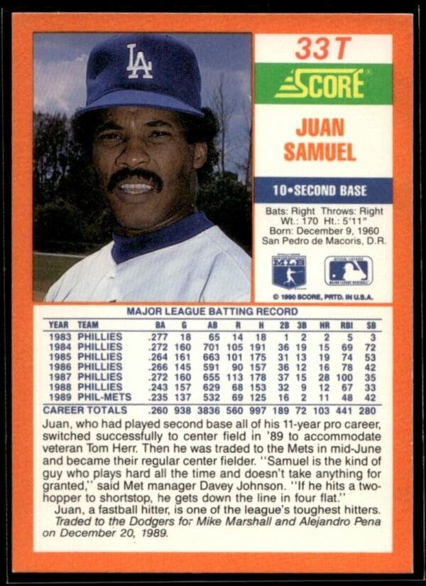 1990 Score Rookie & Traded Los Angeles Dodgers #33T Juan Samuel