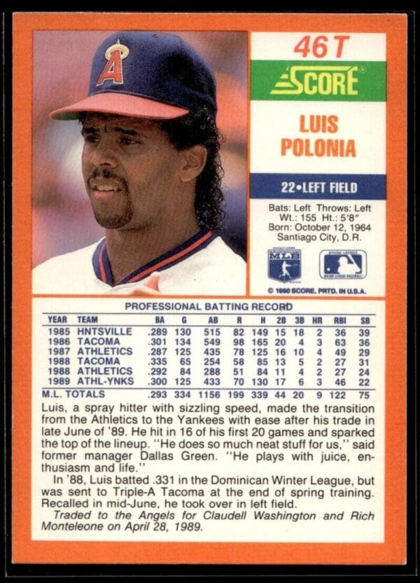 1990 Score Rookie & Traded California Angels #46T Luis Polonia