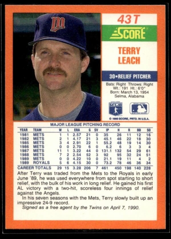1990 Score Rookie & Traded Minnesota Twins #43T Terry Leach