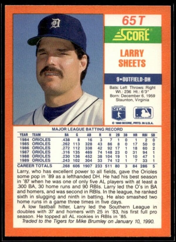 1990 Score Rookie & Traded Detroit Tigers #65T Larry Sheets