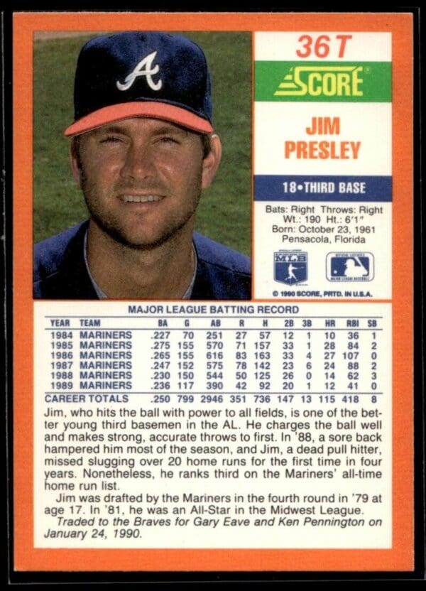 1990 Score Rookie & Traded Atlanta Braves #36T Jim Presley