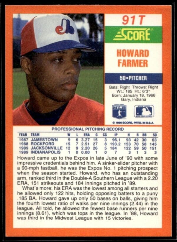 1990 Score Rookie & Traded Montreal Expos #91T Howard Farmer RC Rookie
