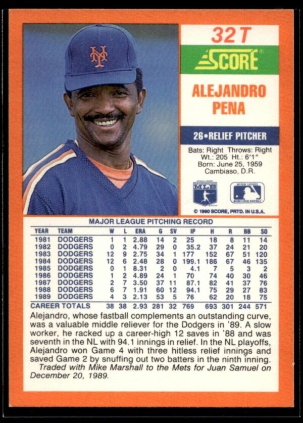1990 Score Rookie & Traded New York Mets #32T Alejandro Pena