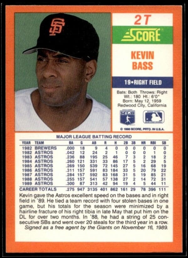 1990 Score Rookie & Traded San Francisco Giants #2T Kevin Bass