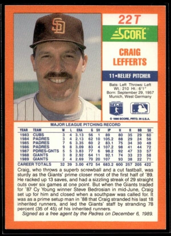 1990 Score Rookie & Traded San Diego Padres #22T Craig Lefferts