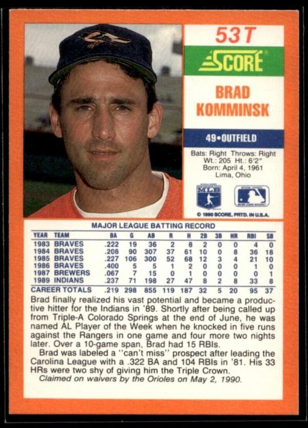 1990 Score Rookie & Traded Baltimore Orioles #53T Brad Komminsk