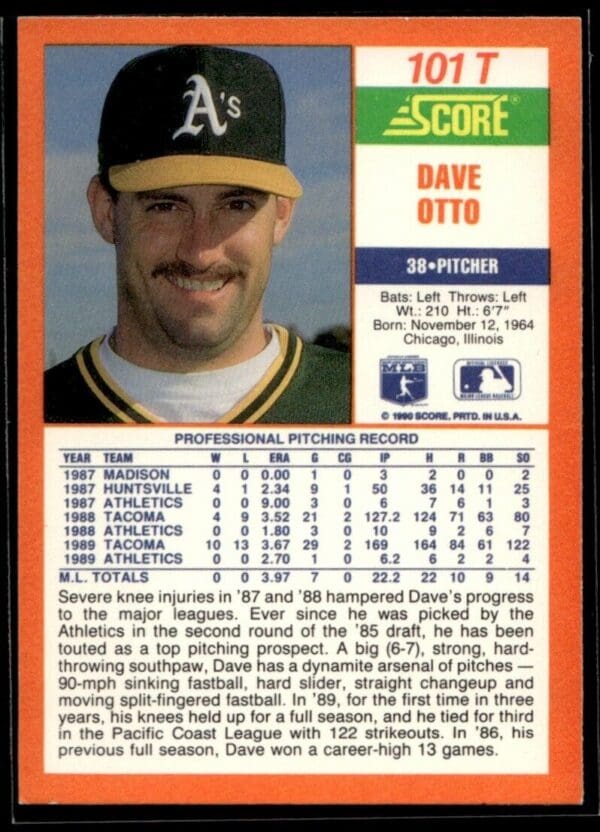 1990 Score Rookie & Traded Oakland Athletics #101T Dave Otto