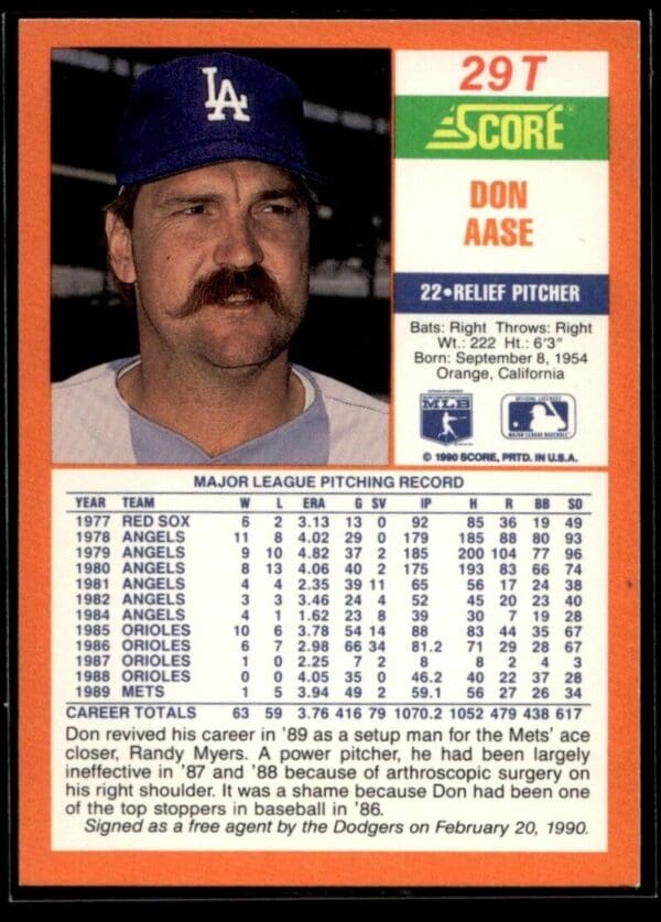 1990 Score Rookie & Traded Los Angeles Dodgers #29T Don Aase