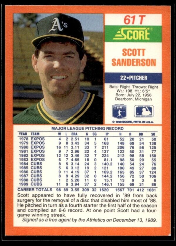 1990 Score Rookie & Traded Oakland Athletics #61T Scott Sanderson