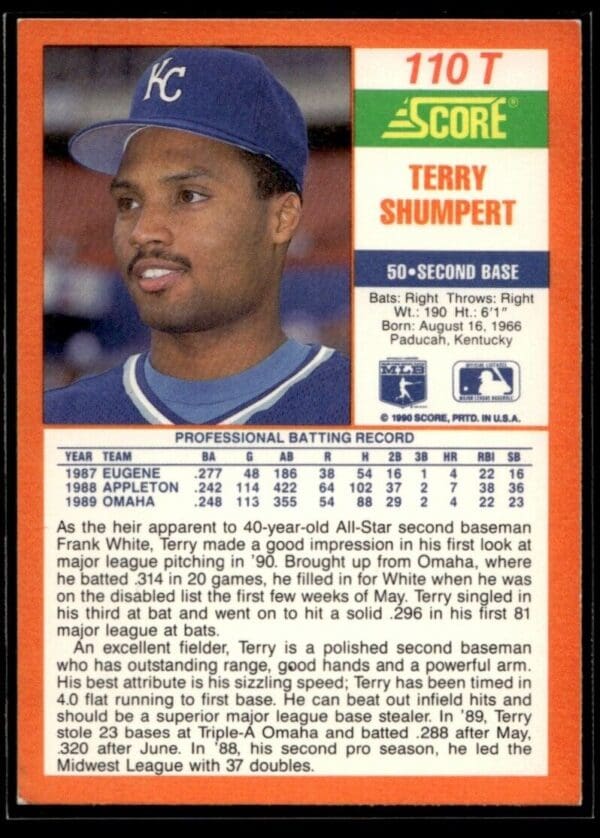 1990 Score Rookie & Traded Kansas City Royals #110T Terry Shumpert RC Rookie