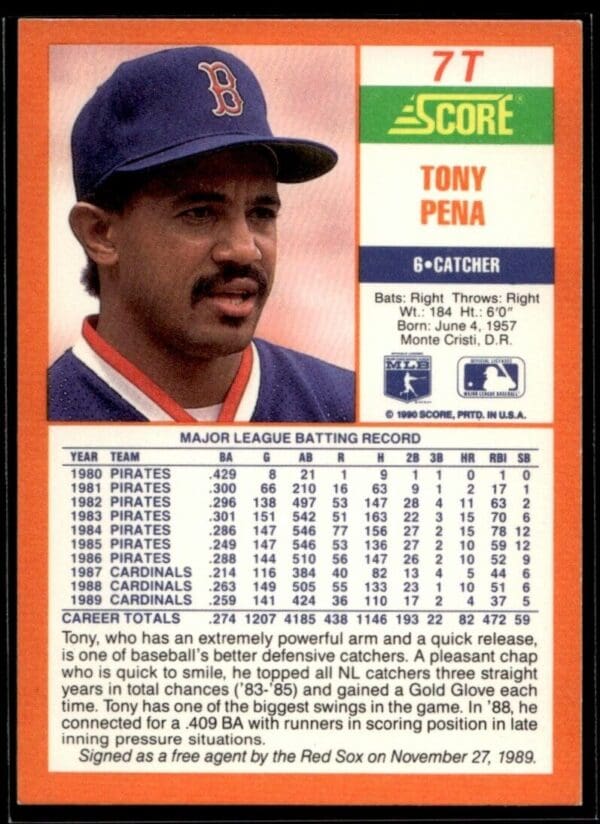 1990 Score Rookie & Traded Boston Red Sox #7T Tony Pena