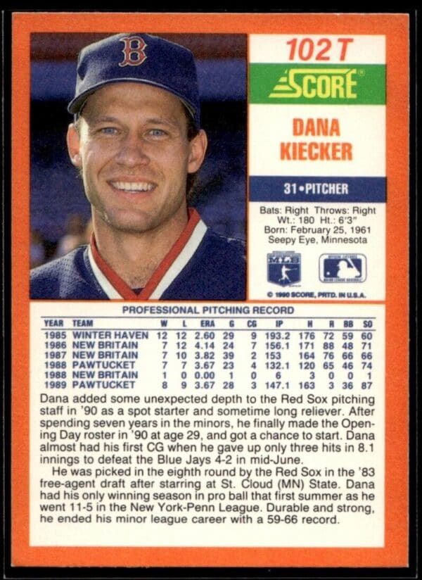 1990 Score Rookie & Traded Boston Red Sox #102T Dana Kiecker RC Rookie