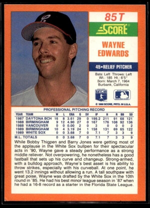 _10 1990 Score Rookie & Traded Chicago White Sox #85T Wayne Edwards