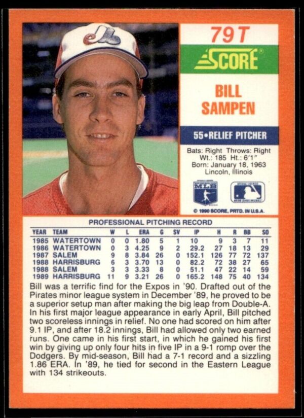 1990 Score Rookie & Traded Montreal Expos #79T Bill Sampen RC Rookie
