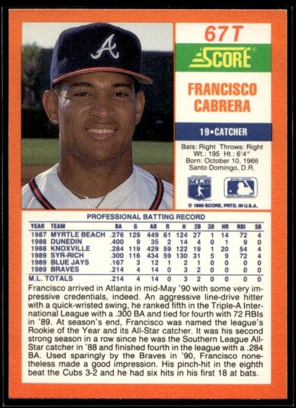 1990 Score Rookie & Traded Atlanta Braves #67T Francisco Cabrera