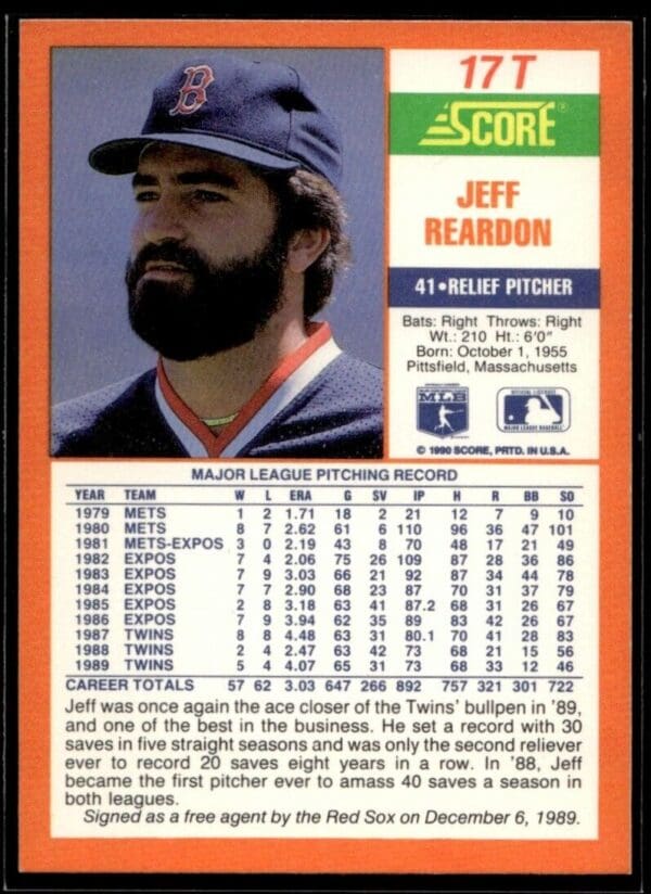 1990 Score Rookie & Traded Boston Red Sox #17T Jeff Reardon