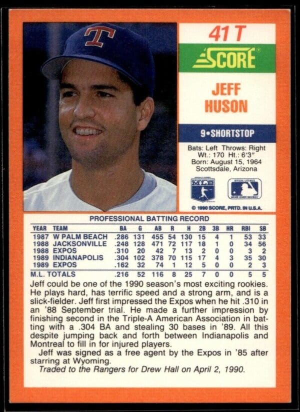 1990 Score Rookie & Traded Texas Rangers #41T Jeff Huson