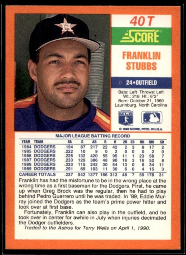 1990 Score Rookie & Traded Houston Astros #40T Franklin Stubbs