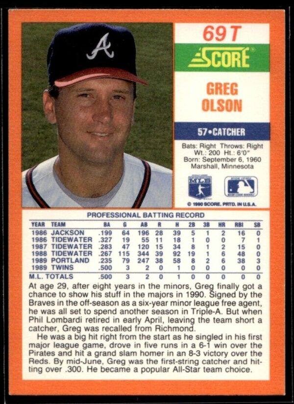 1990 Score Rookie & Traded Atlanta Braves #69T Greg Olson