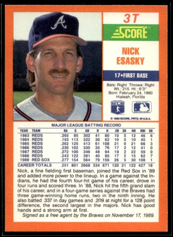 1990 Score Rookie & Traded Atlanta Braves #3T Nick Esasky