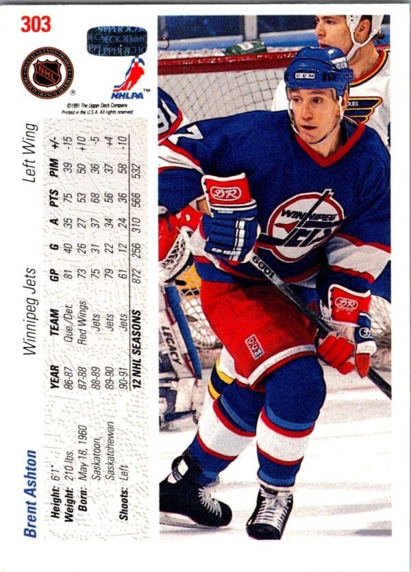 1991 Upper Deck Winnipeg Jets #303 Brent Ashton