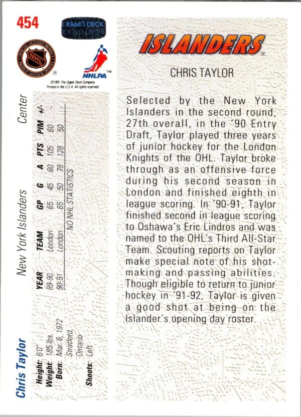1991 Upper Deck New York Islanders #454 Chris Taylor RC Rookie