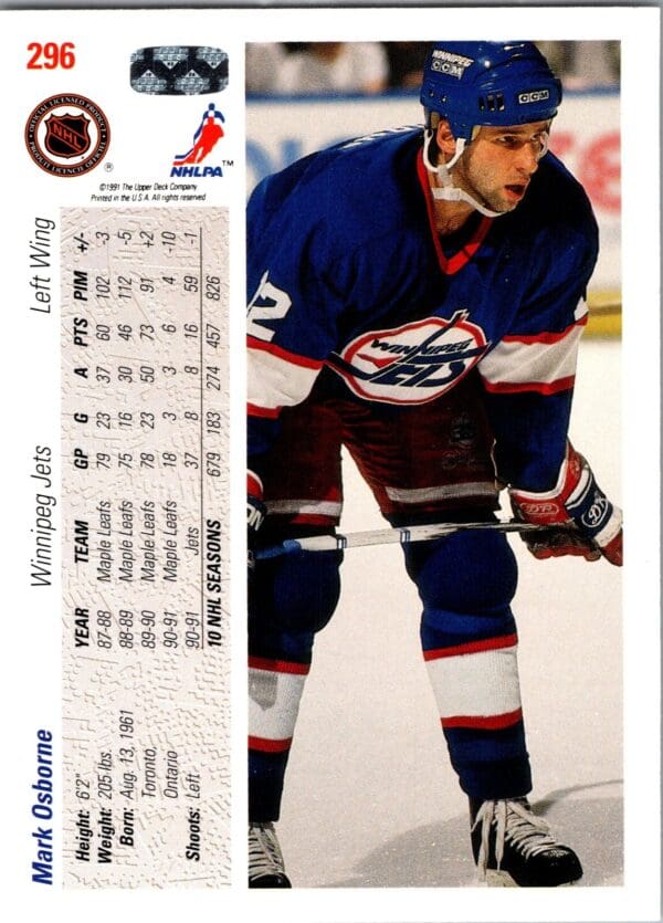 1991 Upper Deck Winnipeg Jets #296 Mark Osborne