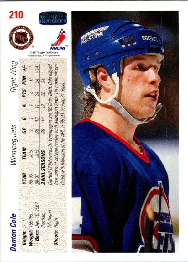 1991 Upper Deck Winnipeg Jets #210 Danton Cole