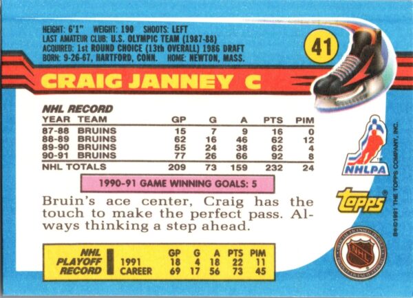 _10 1991 Topps Boston Bruins #41 Craig Janney