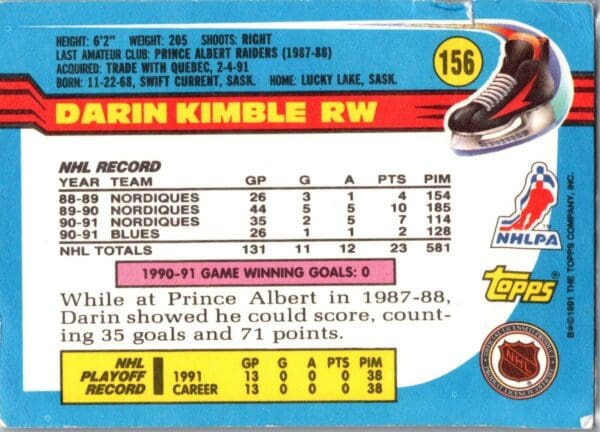 1991 Topps St. Louis Blues #156 Darin Kimble
