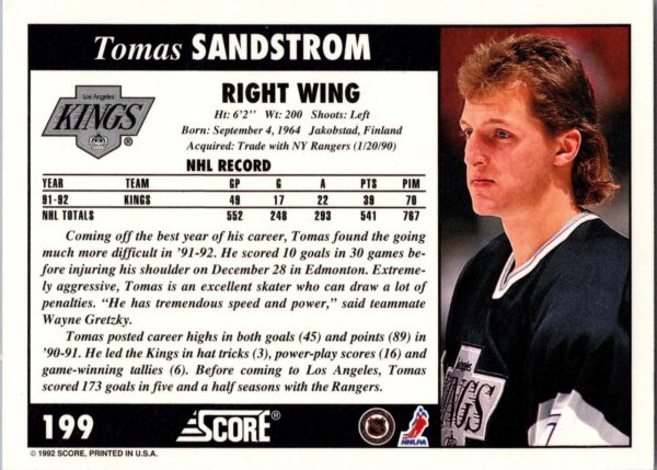 1992 Score Los Angeles Kings #199 Tomas Sandstrom