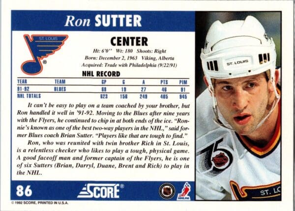 _10 1992 Score St. Louis Blues #86 Ron Sutter