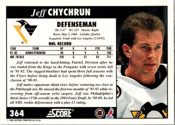 1992 Score Pittsburgh Penguins #364 Jeff Chychrun