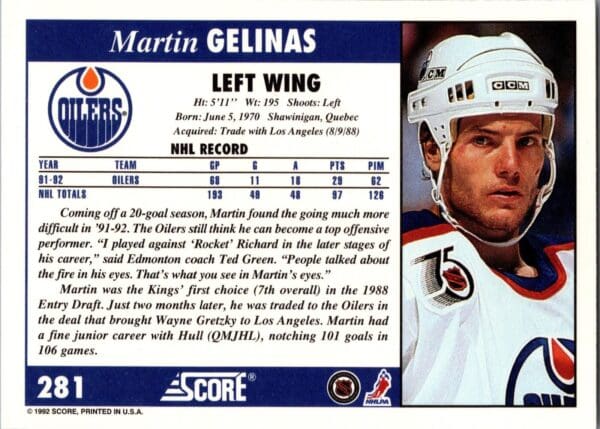 1992 Score Edmonton Oilers #281 Martin Gelinas