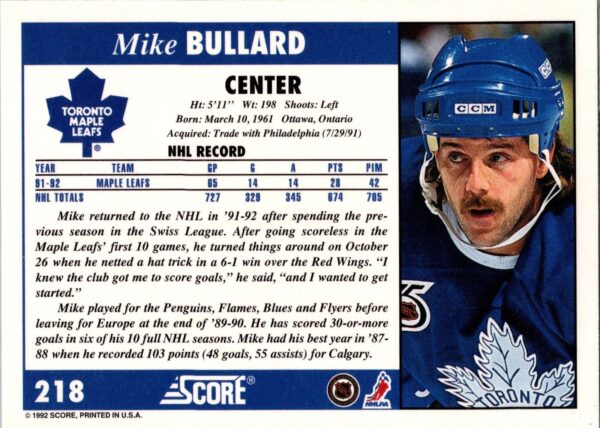 1992 Score Toronto Maple Leafs #218 Mike Bullard