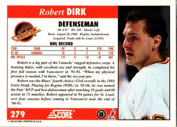 1992 Score Vancouver Canucks #279 Robert Dirk