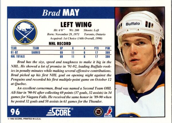 1992 Score Buffalo Sabres #96 Brad May