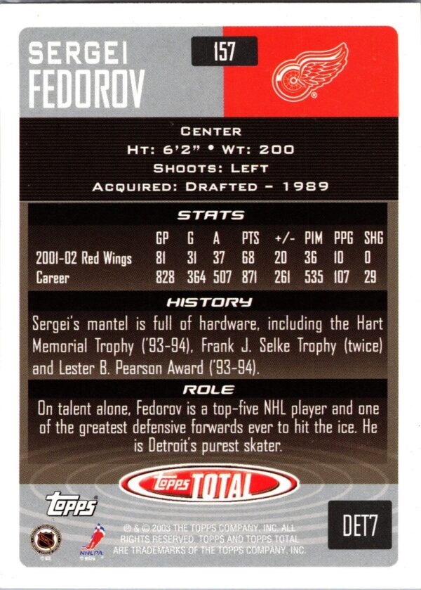 2002 Topps Total Detroit Red Wings #157 Sergei Fedorov