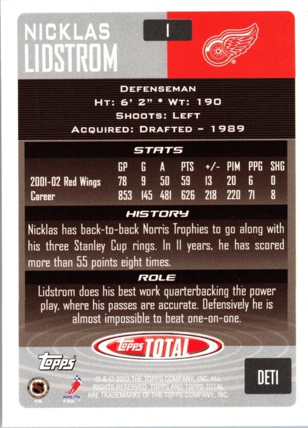 2002 Topps Total Detroit Red Wings #1 Nicklas Lidstrom