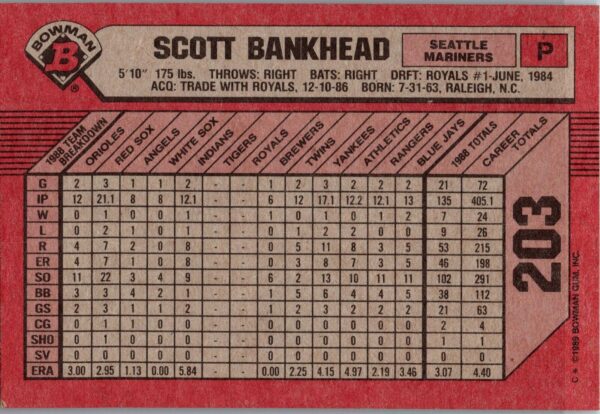 _10 1989 Bowman Seattle Mariners #203 Scott Bankhead