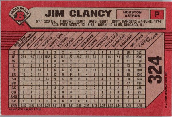 _10 1989 Bowman Houston Astros #324 Jim Clancy