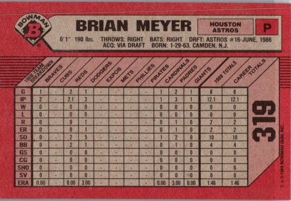 1989 Bowman Houston Astros #319 Brian Meyer