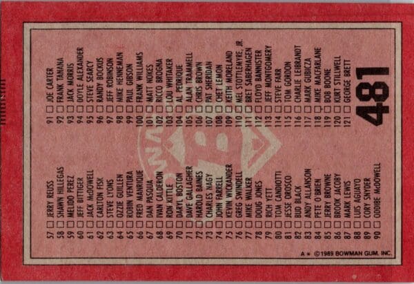 1989 Bowman  #481 Checklist: 1-121