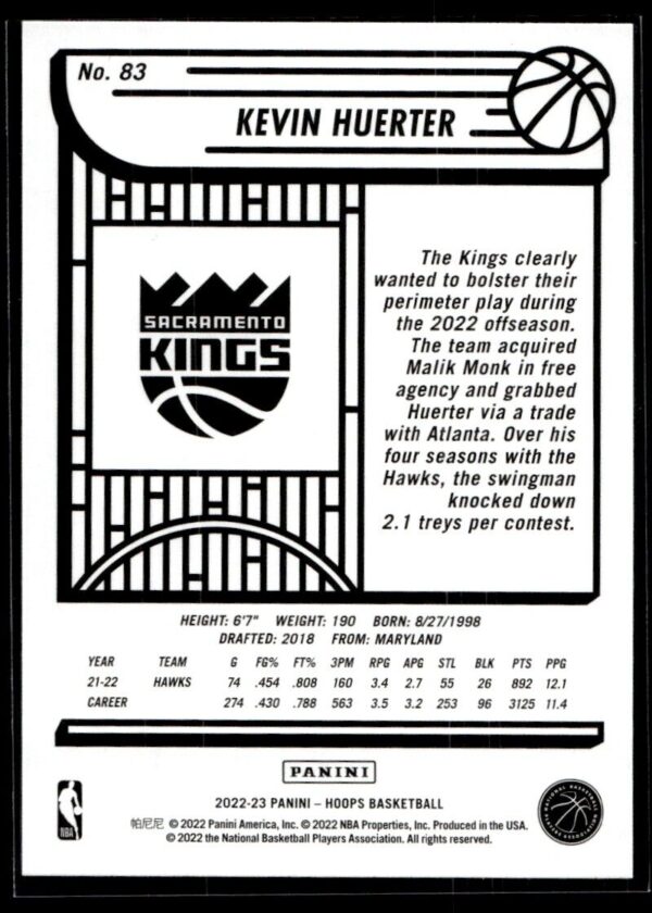 2022 NBA Hoops Sacramento Kings #83 Kevin Huerter