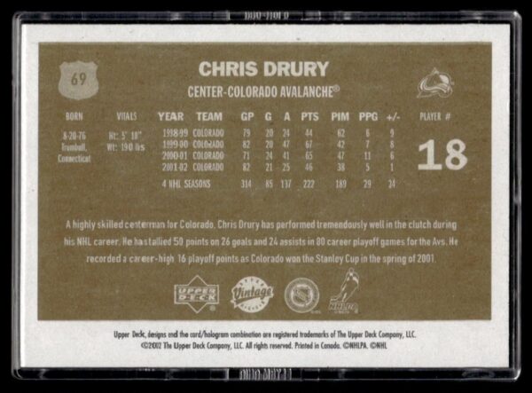 2002 Upper Deck Vintage Colorado Avalanche #69 Chris Drury