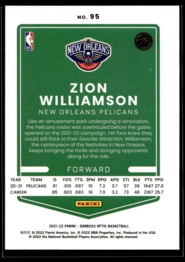 2021 Donruss Optic New Orleans Pelicans #95 Zion Williamson