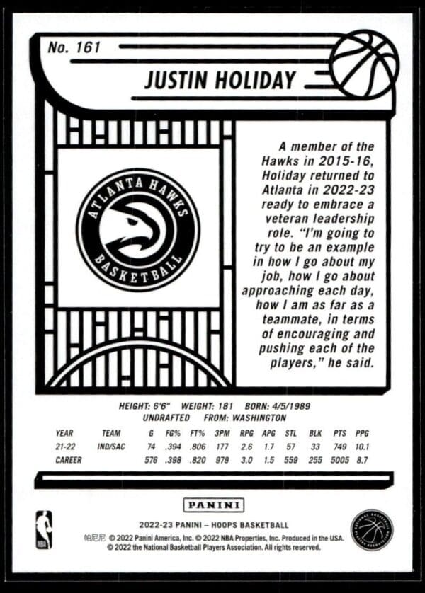 2022 NBA Hoops Atlanta Hawks #161 Justin Holiday