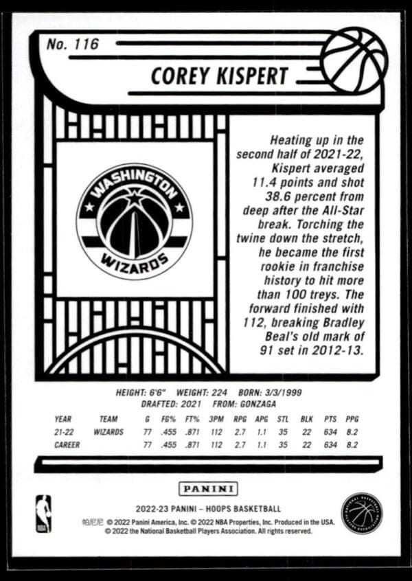 2022 NBA Hoops Washington Wizards #116 Corey Kispert